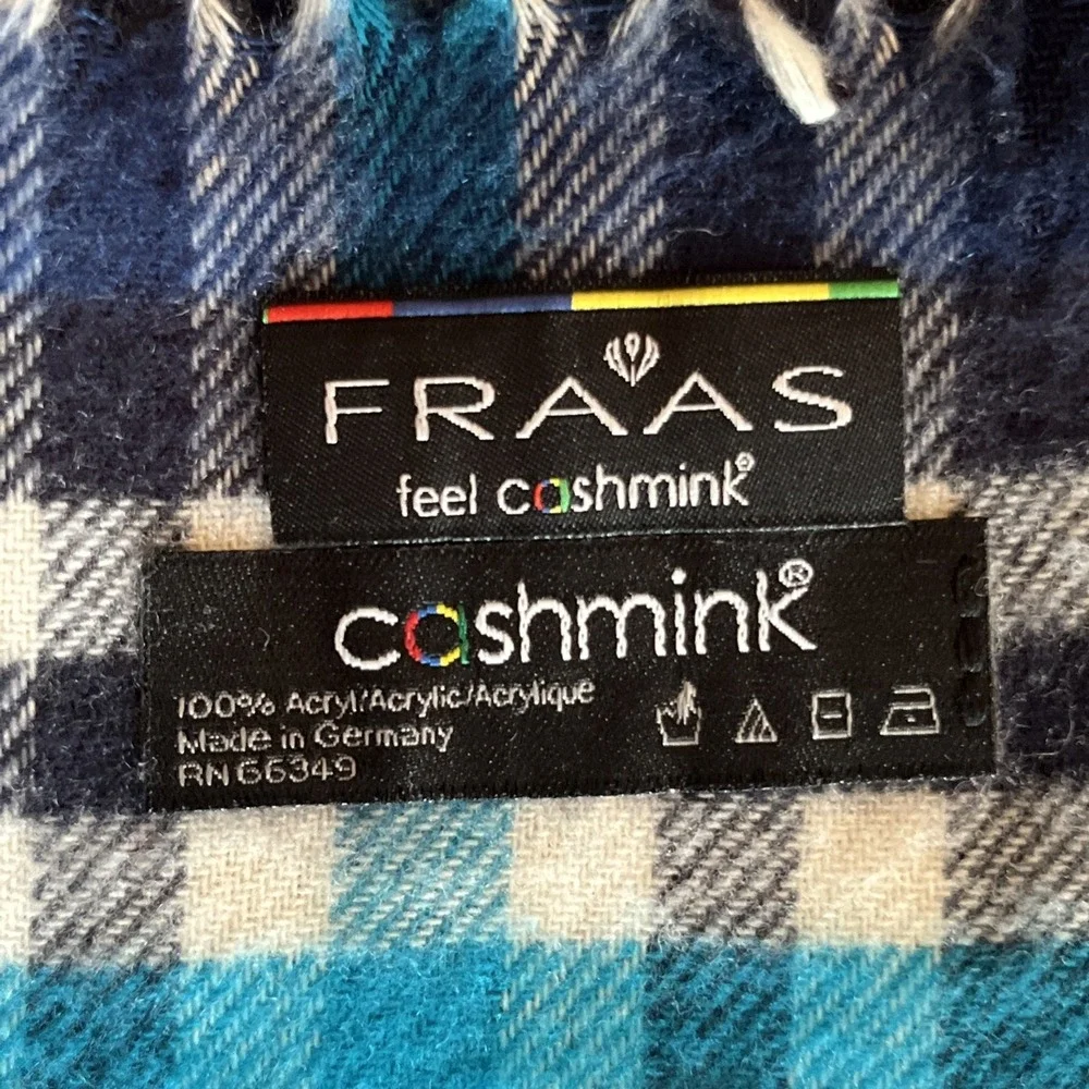 CASHMINK V Fraas Scarf Navy & Red Plaid Scarf Fringe SUPER SOFT